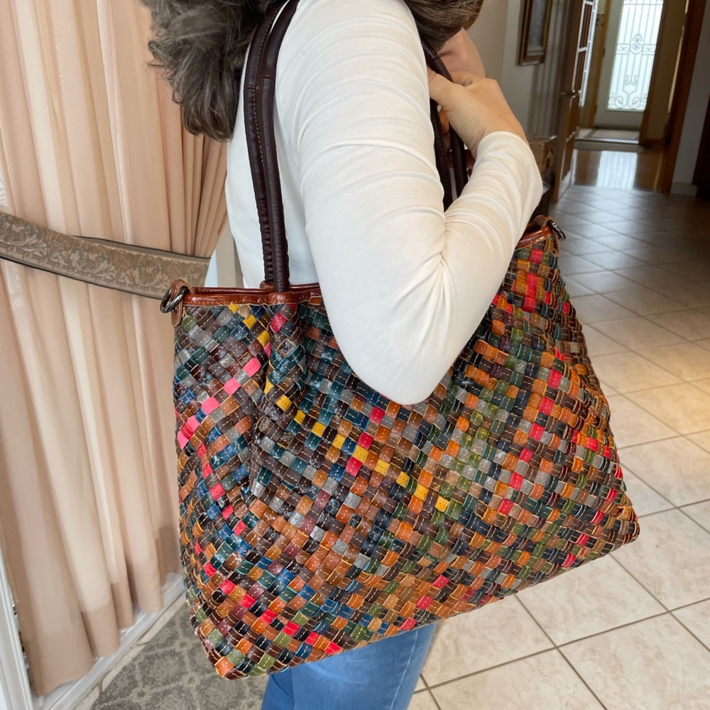 Colourful woven leather tote bag with crossbody strap and mini pouch